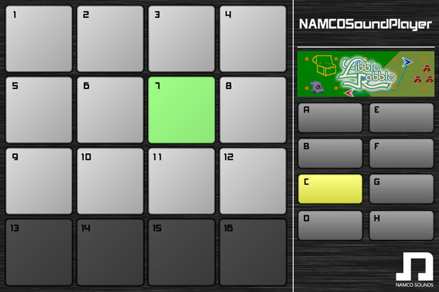 画面左側の大きい1～16のパッドにはSEとジングル、画面右側の小さいA～HのボタンにはBGMとジングルが配置。