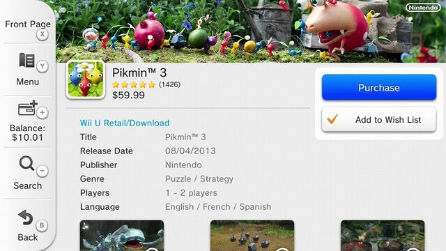 こちらは『ピクミン3』の購入画面。有料ですので「Download」のかわりに「Purchase」と表示されています。