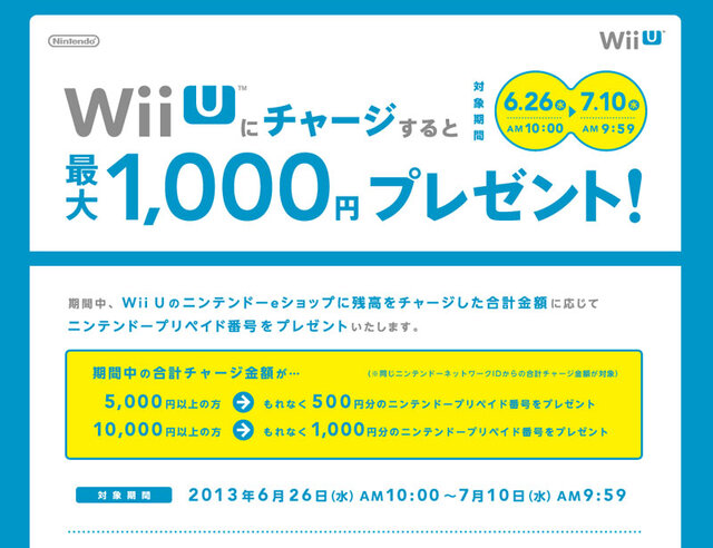最大1,000円プレゼント！Wii U ニンテンドーeショップ、「必ずもらえる」チャージキャンペーンを実施 | インサイド