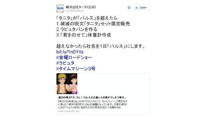 「天空の城ラピュタ」の“バルス”がタニタを滅ぼす！ 一日限りで“株式会社バルス”誕生