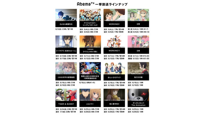 AbemaTVの6月放送作品に「グレンラガン」「ギアス」「デジモン」「タイバニ」「SAO」など…「勇者ヨシヒコ」も