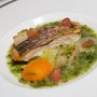 真鯛のクルスティアンと帆立貝のグリル青海苔香るソースと彩り野菜のハーモニー