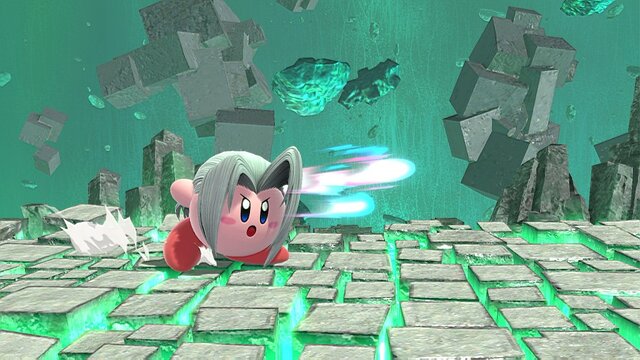 『スマブラSP』セフィロスを吸い込んだカービィは“かわイケメン”!? 3段階のフレアを使いこなし、後ろ髪もなびく！ 丸いのに鋭角的な姿を激写