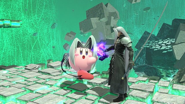 『スマブラSP』セフィロスを吸い込んだカービィは“かわイケメン”!? 3段階のフレアを使いこなし、後ろ髪もなびく！ 丸いのに鋭角的な姿を激写