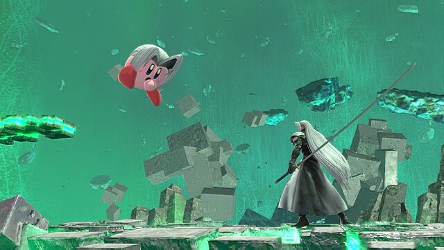 『スマブラSP』セフィロスを吸い込んだカービィは“かわイケメン”!? 3段階のフレアを使いこなし、後ろ髪もなびく！ 丸いのに鋭角的な姿を激写