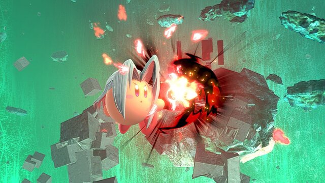 『スマブラSP』セフィロスを吸い込んだカービィは“かわイケメン”!? 3段階のフレアを使いこなし、後ろ髪もなびく！ 丸いのに鋭角的な姿を激写