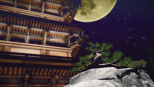 「サブミッション：守衛の街」。月夜に照らされる松の盆栽を手に入れることが目的
