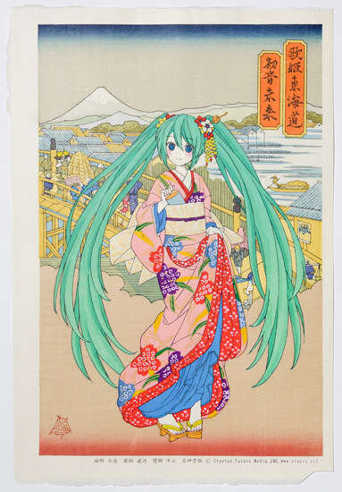 初音ミクが浮世絵木版画に！ 1mm未満の線画も表現…使用木版は21版、摺重ねは計45回