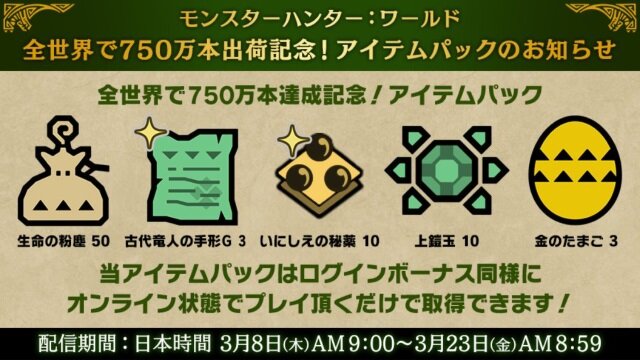 『モンハン：ワールド』全世界750万本出荷を記念したアイテムパックが配信中！