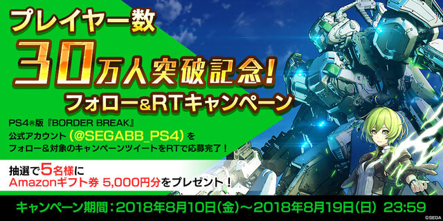 PS4『ボーダーブレイク』プレイヤー数が30万人を突破！Amazonギフト券が当たるRTキャンペーンを開催