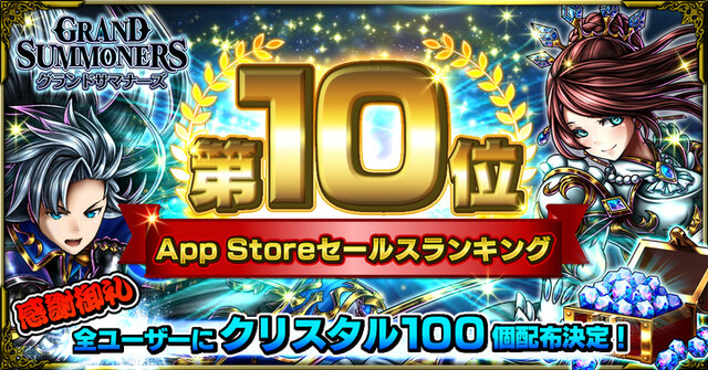 『グランドサマナーズ』App Storeセールスランキング10位達成！記念でクリスタル100個を緊急配布