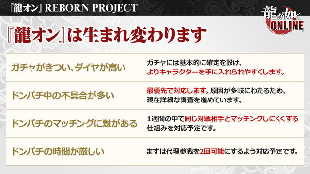 『龍が如く ONLINE』を生まれ変わらせる「REBORN PROJECT」発表！物語も“新主人公”による第二部へと移行【生放送まとめ】