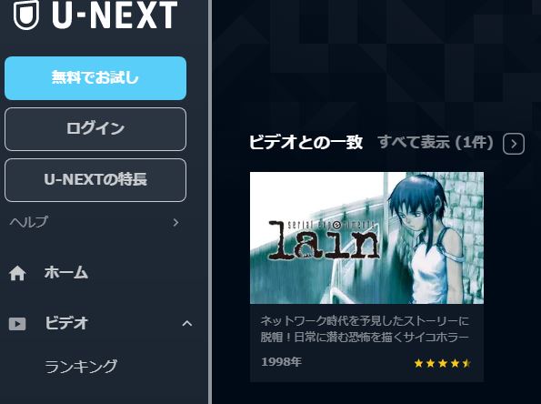 U-NEXT アニメ serial experiments lain無料動画配信