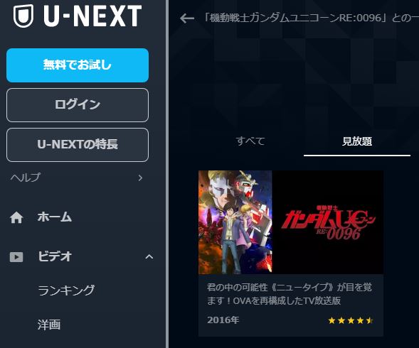 U-NEXT アニメ 機動戦士ガンダムユニコーンRE:0096 無料動画配信