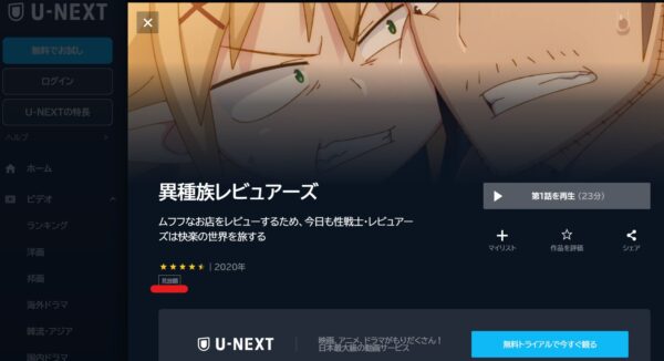 U-NEXT アニメ 異種族レビュアーズ 無料動画配信